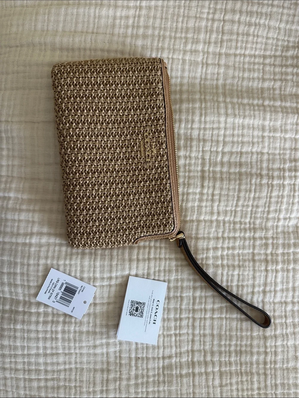 Coach Straw Zip Wristlet in Natural Tan